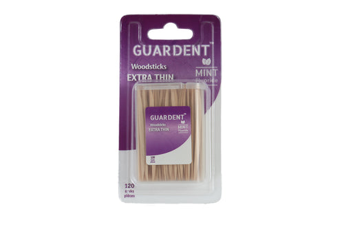 DOUBLE-ENDED EXTRA THIN GUARDENT WOODEN DENTAL TOOTHPICKS 120 PACK COATED WITH FLUORIDE AND MINT OIL